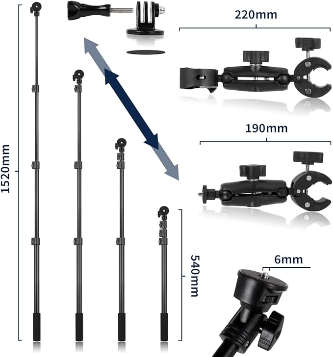 Motorcycle Bike Handlebar Double Clamp Mount Invisible Selfie Stick Super Camera Clamp 360°Rotating Extendable Ballhead Magic Arm 21-60 in for Insta360 ONE X3 X2 X RS R Go 2 3 Action Camera
