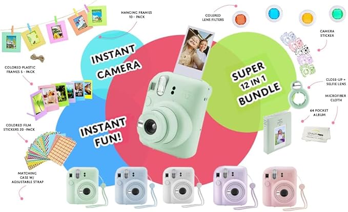 Fujifilm Instax Mini 12 Instant Camera + 60 Photo Prints + Quality Photo Value Bundle, Case, Decoration Stickers, Frames, Photo Album, (Mint Green)