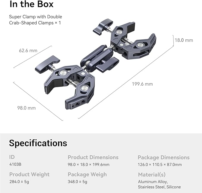 SMALLRIG Double Clamp Mount, Super Clamp Arm, for Chair, Pole, Tripod, C Stand, Handlebar, All Metal Max Load Capacity 3.5kg