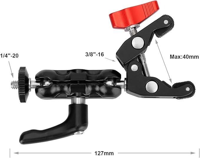 Multi-Functional Ballhead Clamp Magic Arm Adapter with Bottom Clamp Super Robust Central Lock Knob(Red)