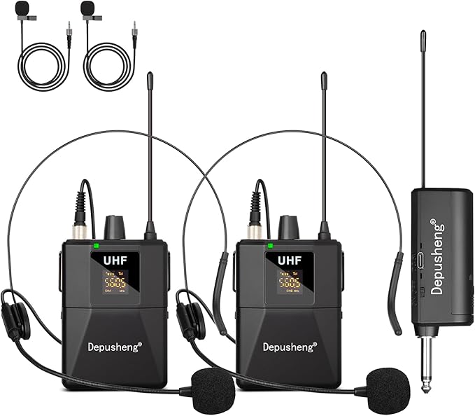 Depusheng UHF Wireless Microphone Headset System -Wireless Headset Mic System, with Lavalier Lapel Mics,200ft Range, 1/8'' and 1/4'' Plug for Recording PA Speaker,Conference