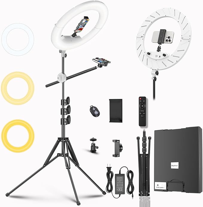 55W18 45cm Ring Light Kit [New Version] 6700K Dimmable LEDRinglightTripod Stand Dual Phone Holder for iPhone Selfie Makeup LashTattoo Studio Lighting Painting,Photo Video Recording (White)