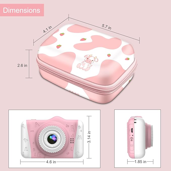 FINTIE Kids Camera Case Compatible with Goopow/Seckton/Dylanto/Mgaolo/Masterbee/CIMELR/Desuccus Kids Digital Camera Toys, Children Carrying Bag, Birthday Festival Gift, Strawberry Cow