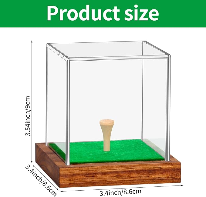 2 Pack Clear Acrylic Golf Ball Display Case with Wood Base & Tee, Memorabilia Stand Cube Holder, Dust Protection Transparent Storage Box for Single Ball Souvenir Golfball Collections