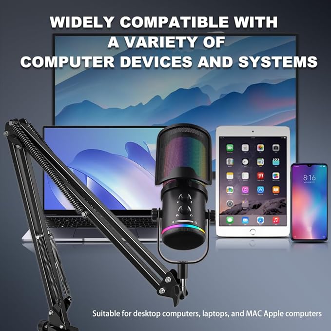 USB Gaming Microphone with Boom Arm - PC Mic for Streaming, Podcasting, Vocal Recording - RGB Condenser Kit with Noise Cancellation, Monitor Mix Knob, Mute Button & Pop Filter for Content Creator