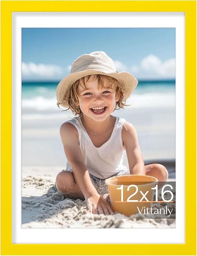 Vittanly 12x16 Picture Frame, Made of Solid Wood and Shatterproof Plexiglass, Display Pictures 11x14 with Mat or 12x16 without Mat, Wooden Photo Frame for Wall Mounting, Yellow, 1 Pack