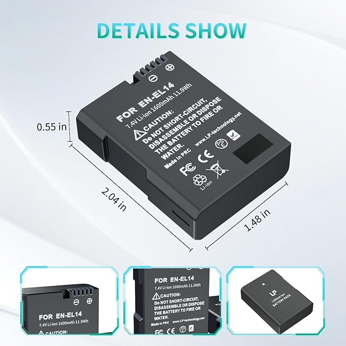 LP EN-EL14 Battery Pack, 2-Pack EN EL14a 1600mAh Battery, Compatible with Nikon D3100 D3200 D3300 D3400 D3500 D5100 D5200 D5300 D5500 D5600 DF, Coolpix P7000 P7100 P7700 P7800 Cameras and More