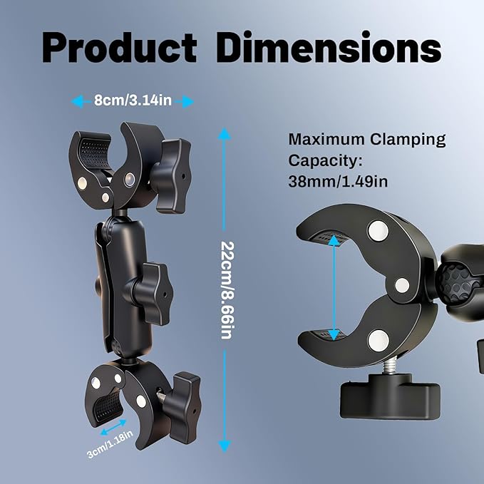 Wokyo 9in Double Clamp Camera Mount, Heavy-Duty Umbrella Clamp with 360° Ballhead Magic Arm Studio Light Stand for Boom Stand Reflector Tripod Cross Bars Motorcycle Bike Desktop Monitor