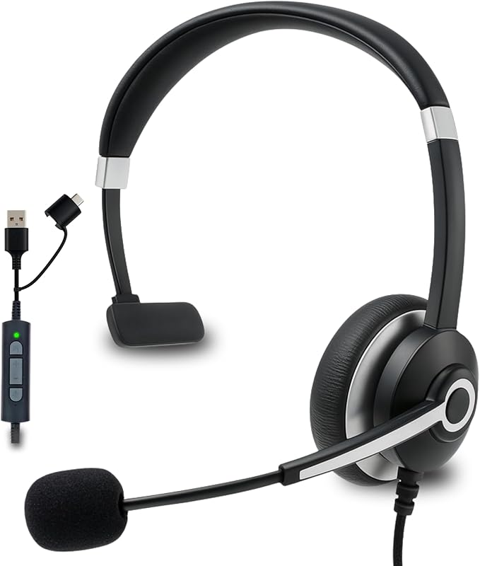 Spracht USB Wired Headphones for Work, WorkIT! Single Ear Computer Headset with Microphone, USB A & USB C Head Sets, Comfortable Wired Headphones with Microphone for Work, Online, Office
