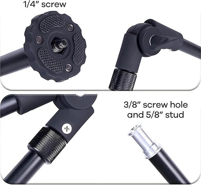 24.8in 3-Section Adjustable Friction Power Articulating Magic Arm, Overhead Camera Mount Bracket with 1/4" Screw, 3/8" Thread Hole and 5/8” Stud for Camera, LCD Monitor/LED Lights