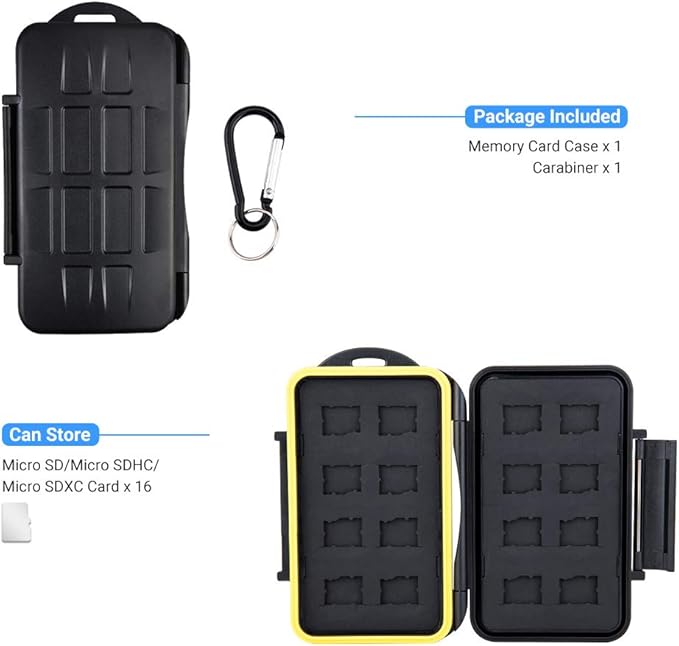 16 Slots Micro SD Card Holder, Micro SD Card Case Micro SD Micro SDHC Micro SDXC Card Storage Micro SD Card Organizer with Carabiner, Water-Resistant Anti-Shock