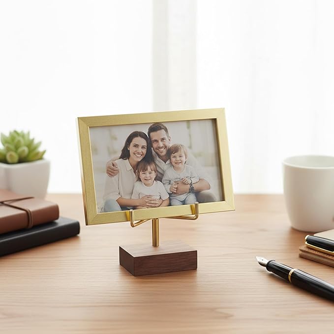 Small Gold Metal Arms Display Stand Easel with Wooden Base - Adjustable Small Display Easel Stand for Displaying Art Fossil Coral Picture, Photo Frame, 2"x2"x3.2"