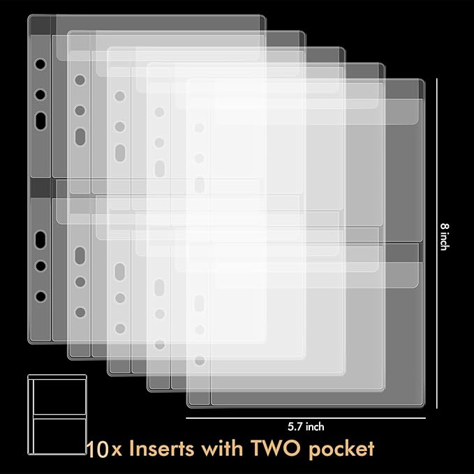 CYFUN DESIGN 10 Sheet Binder Pockets Inserts with Two Pockets A5 Size 6 Hole Binder Folder for Dies and Stamps Storage,Waterproof PVC Clear Bags Protectors for Cutting Dies Stencil Album Stamp Crafts