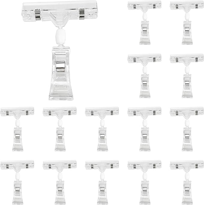 PDETVEO 15PCS Plastic Sign Holder Clips, Rotatable Price Signs Double Display Clips, Retail Cards Clips for Merchandise/Retailers