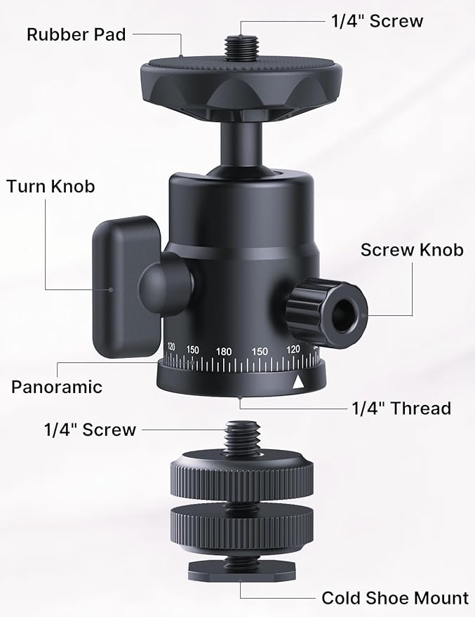 XIAOTJ Mini Ball Head with Hot Shoe Mount Adapter, Metal 360° Rotating Panoramic Tripod Head with 1/4" Screw, for Monitor/LED Light/Action Cameras/Phone Holder Attach DSLR Camera Cage Cold Shoe Mount