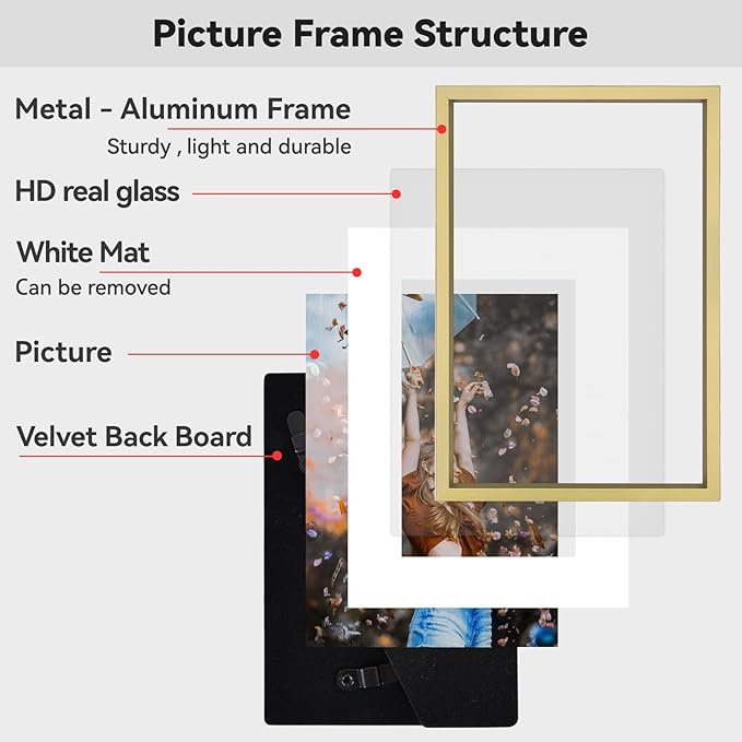 6x8 Picture Frame, Brass Aluminum Metal Photo Frames with HD Glass, Fits 5x7 with Mat or 6 x 8 without Mat, Display for Wall and Table