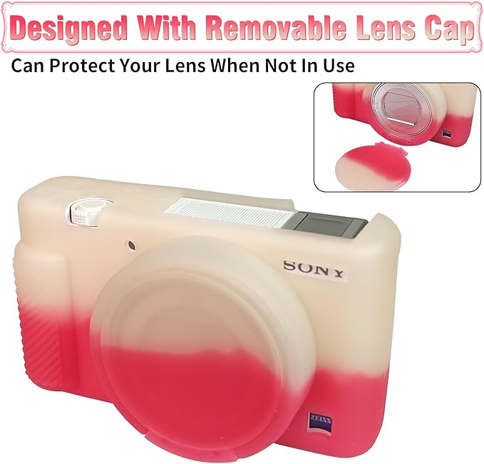 Easy Hood Camera Case for Sony ZV-1, Soft Silicone Cover Camera Sleeve Body Skin Protective Case with Removable Lens Cap for Sony ZV1 Digital Camera, White Pink