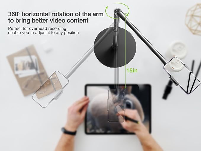elitehood Heavy Duty Aluminum Overhead Phone Stand, 15 in Long Arm iPhone Holder for Video Recording, 360 Degrees Swivel Tilt Overhead Phone Mount for Filming, Meeting, Cooking, Painting and Crafting