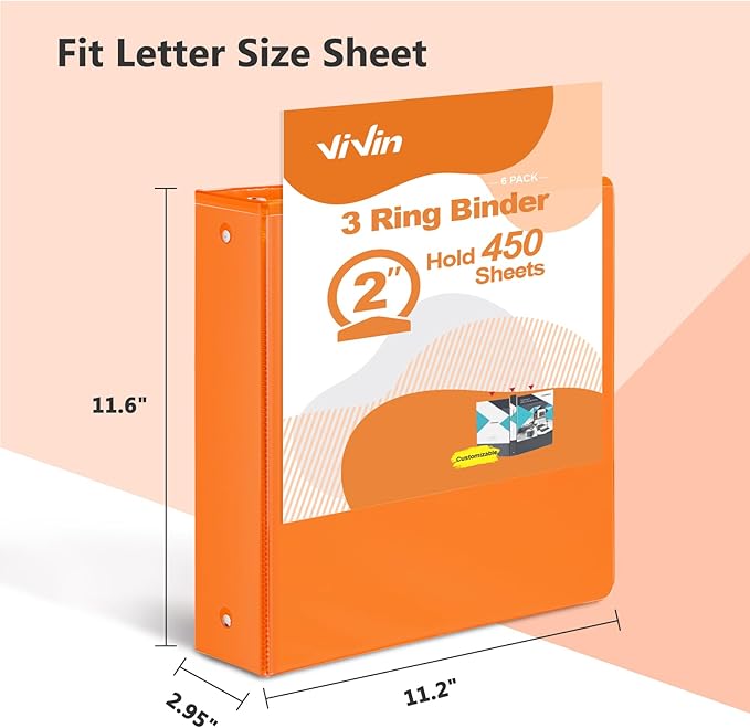 ViVin 2 Inch Round Ring View Binder for Durability, Standard 3 Ring Binder for 450 Sheets of US Letter Size Paper, PVC-Free, 6-Pack (Orange)
