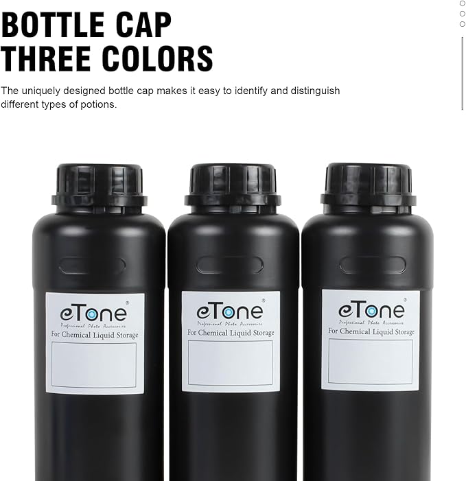 eTone 3X 500ml Darkroom Chemical Storage Bottles with Caps Film Photo Developing Processing Equipment (Black)