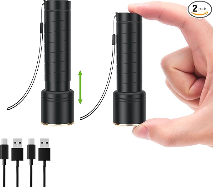SEVENKA 2 Small Rechargeable Flashlights USB-C, 4.1in Zoomable LED Flashlight High Lumen, Compact, Powerful, Portable LED Torch, Pocket-Size Bright Tactical Flashlight for Emergency, Camping, Hiking