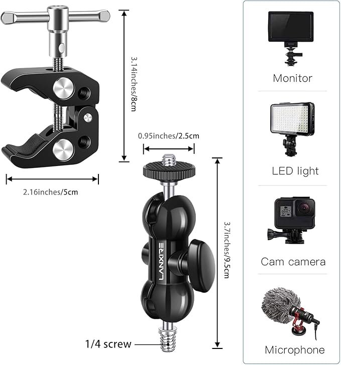 Camera Mount Super Clamp with Double Ball Head Magic Arm - 360° Rotation - 1/4" and 3/8" Threaded Holes - Fits for Cameras, Led Lights, Monitor, Flash, Microphone - 2 Pack