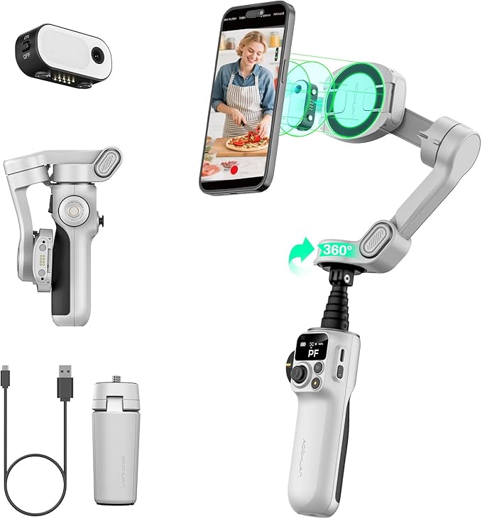 AOCHUAN Smart P2 Magnetic Gimbal Stabilizer for iPhone w/ 2-in-1 Fill Light & AI Tracking Sensor, Face Tracking No App Required, 3-Axis Phone Stabilizer w/Built-in Extension Rod, for Video Recording