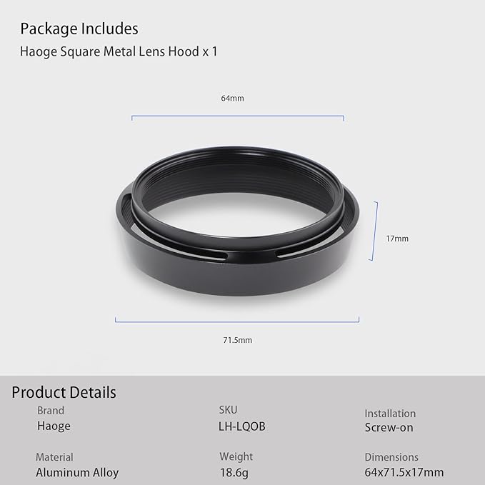 Haoge LH-LQ Metal Lens Hood Shade with Cap for Leica Q3 Q3-43 Q2 Q-P QP q Typ 116 Typ116 Camera Black