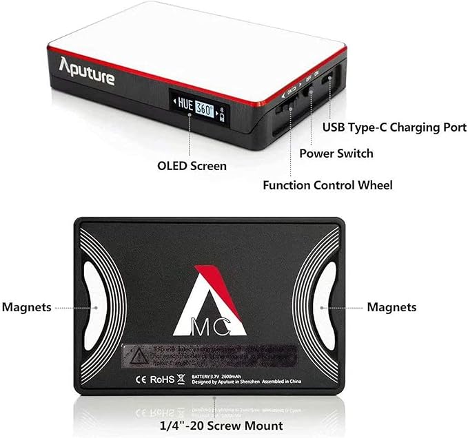 Aputure Amaran MC RGBWW Mini On Camera Video Light,3200K-6500K,CRI/TLCI 96+,HSI Mode,Support Magnetic Attraction,App with USB-C PD and Wireless Charging
