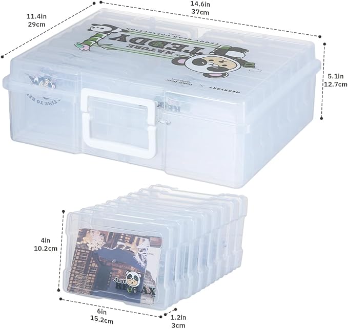 Naivees Photo Containers Storage Case Teddy Storage Box 4" x 6" Plastic Cartoon Organizer with 16 Inner Photo Containers Boxes for Photos,Cards,Pictures (Nature Green)