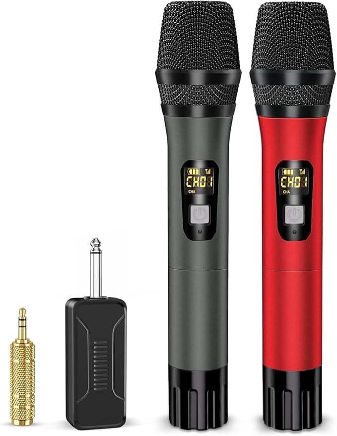 Wireless Microphones, Professional UHF Metal Dual Handheld Cordless Dynamic Mic System with Rechargeable Receiver, 1/4" Output, 160ft Range, Auto Connect for Karaoke, Party Singing, Church, Speech, DJ