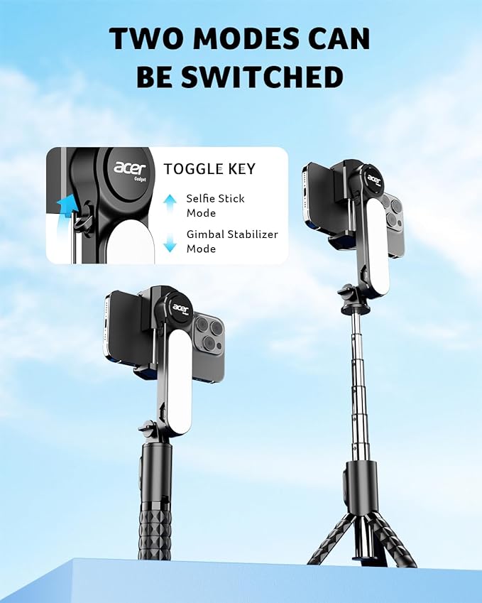 acer Gimbal Stabilizer 1Axis for iPhone/Cell Phone/Smartphone/Android with Remote Control&Light, Portable Gimbal Tripod Auto Balance Handheld Selfie Stick for Video Recording, Vlogging, Live Streaming