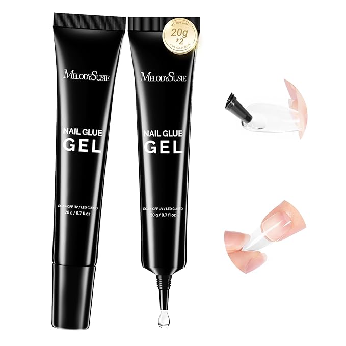 MelodySusie 2Pcs*20g Solid Nail Glue Gel, Super Strong&Long Lasting Soft Gel Apex Nail Tips Glue for Acrylic Fake Nails, 3D Nail Art,Nail Gem,Soak off UV&LED Lamp Needed, Valentine Home DIY&Salon