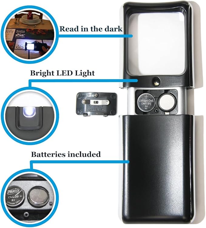 Small-Magnifying-Glass with LED-Light 3X Lighted-Pocket EasY Magnifier -Hand Held Lighted Magnify Glasses for Close Work Reading Books Pill Bottles; Mini Lens for Visually Impaired A Low Vision Aid