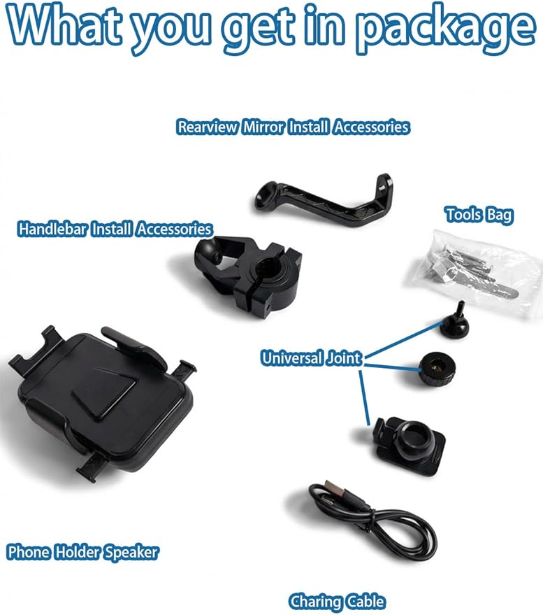 Phone Holder Induction Speaker for Bike, 4.7-7.4" Phones Stand Mount with Bluetooth Speaker Amplifier, Scooter Motorcycle Handle Bar Multifunctional Clamp, 360° Rotating, IP65 Water Resistant