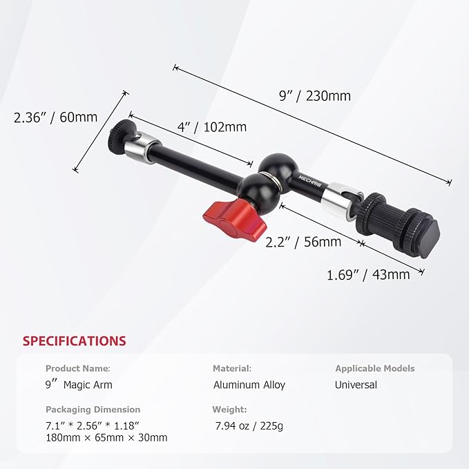 9" Cold Shoe Magic Arm with 360° Ball Joint, Extended Stainless Steel Friction Arm for Camera Cage Rig, LED Panel, Monitor Mount – Vlog Studio Photography-87002