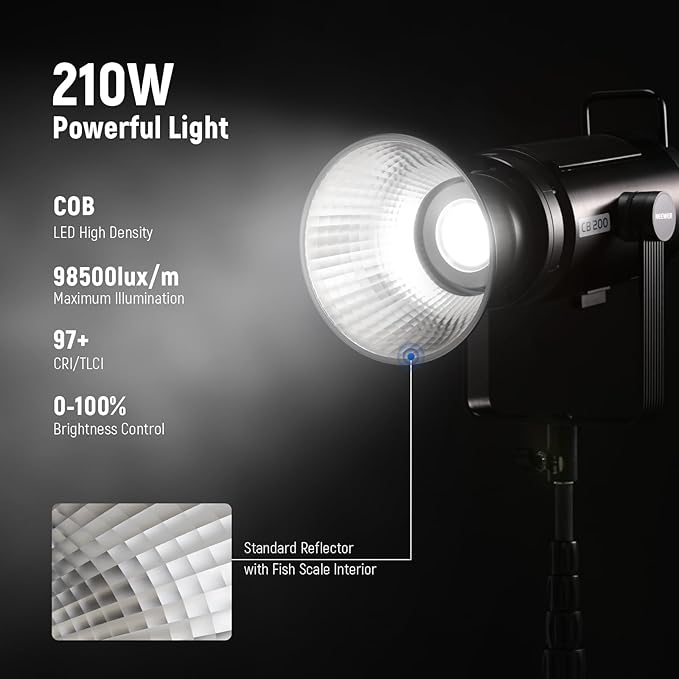 NEEWER CB200 210W LED Video Light with 2.4G/APP Control, 5600K Daylight COB Continuous Output Lighting for Photography with 98500lux/m, CRI97+/TLCI97+, 9 Scenes, PWM Dimming, Bowens Mount