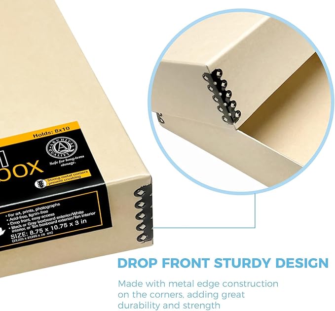 Lineco Museum Archival Storage Box, 8.75x10.75x3 in. Drop Front Design. Acid-Free with Metal Edge. Organize Photos, Pictures, Prints, Documents, Crafts, DIY. Tan, 2 Pack