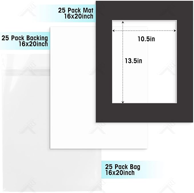 Golden State Art, Acid Free, Pack of 25, 16x20 Black Picture Mats Mattes with White Core Bevel Cut for 11x14 Photo + Backing + Bags