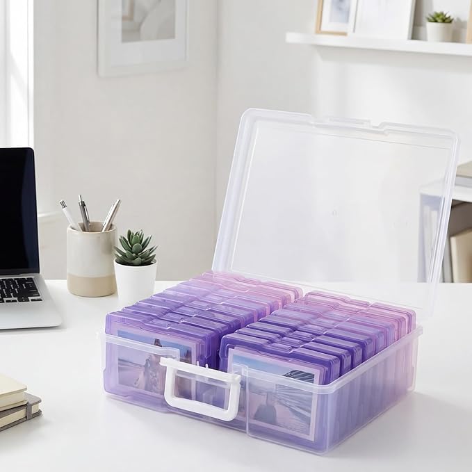 novelinks Transparent 4" x 6" Photo Cases and Clear Craft Keeper with Handle, 16 Inner Photo Organizers & Photo Storage Box, Plastic Photo Storage Containers (Purple Gradient)
