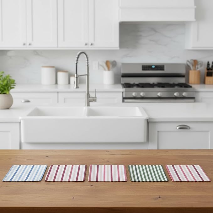 8-Pack Ultra-Fine Microfiber Kitchen Towels, 7-Inch Square with 8 Clips & Multiple Patterns – Soft, Absorbent, Reusable Cleaning Cloths (Stripes)
