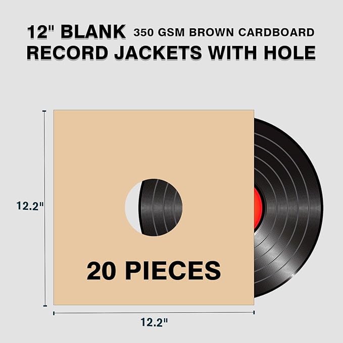 20PCS 12 Inch Brown Vinyl Record Jackets, Thick Cardboard Sleeves with Center Hole, Blank LP Album Covers for 33 RPM Storage & Organization, 350gsm LP Jackets for Record Storage