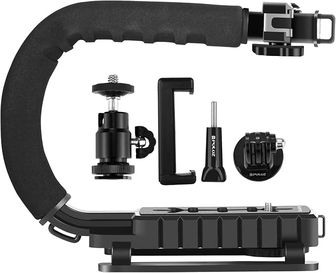 PULUZ U/C Shape Video Action Stabilizing Handle Grip Handheld Stabilizer Kit with Phone Clamp & Quick Release Buckle & Long Screw for Canon Sony Nikon Cameras and Home DV Camera Smartphones