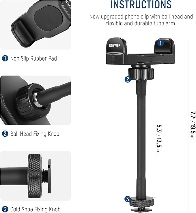NEEWER Flexible Phone Holder with Cold Shoe for Ring Light, LED Video Light, 2.56"-3.74"/6.5-9.5cm 360° Cellphone Clamp, Compatible with iPhone 15 Pro Max Galaxy S24 Ultra Huawei, SP-09