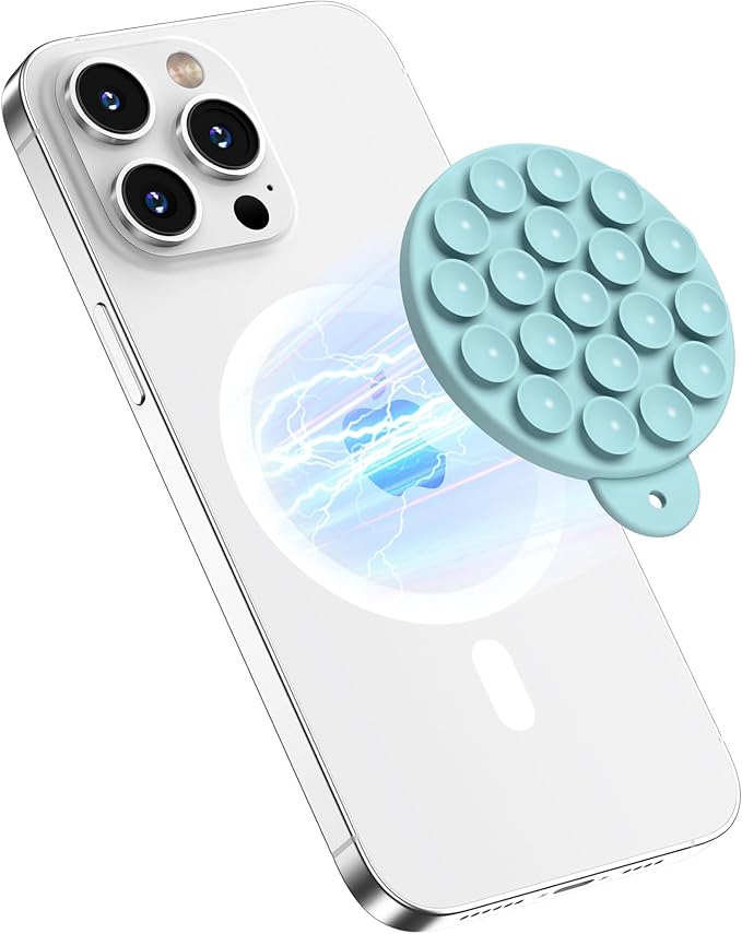 Magnetic Suction Cup Phone Mount, Compatible with MagSafe, Silicone Octo Cup Buddy Sticky Grip Holder for iPhone and Android, Removable Hands-Free Selfie/Video for TikTok, Light Cyan