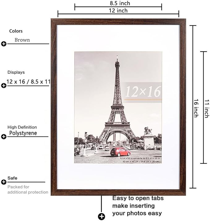 kennethan 12x16 Picture Frame Rustic Brown 3 Pcs in 1 set 12x16 Frame can Display 8.5x11 inch Picture with Mat or 12x16 inch Picture Without Mat on the Wall