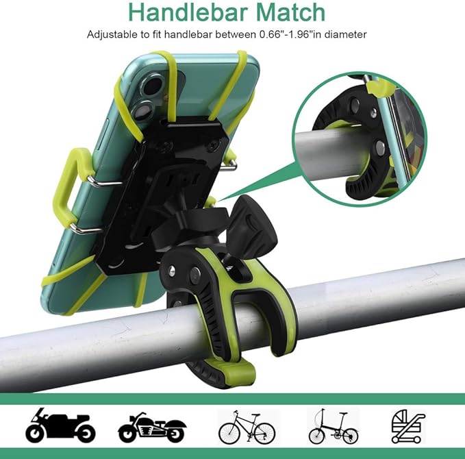 Bike Phone Mount, Motorcycle Mountain Bike Handlebar Bicycle Golf Cart Stroller Cell Phone Holder with Rubber Strap 360 Degrees Rotate for iPhone X 8 7 6 6s Plus Samsung (Green)