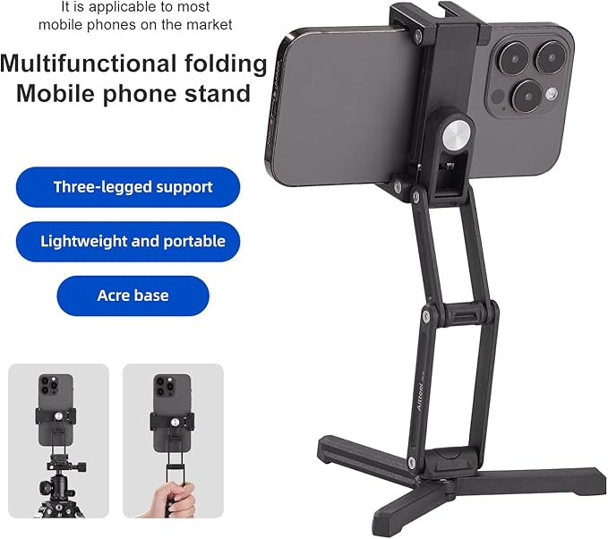 Phone Tripod Mount with Cold Shoes, Metal Smartphone Adapter Compatible with iPhone, Multi Angle Tri Fold Cell Phone Holder, Handheld Grip for Streaming Vlog CP-15