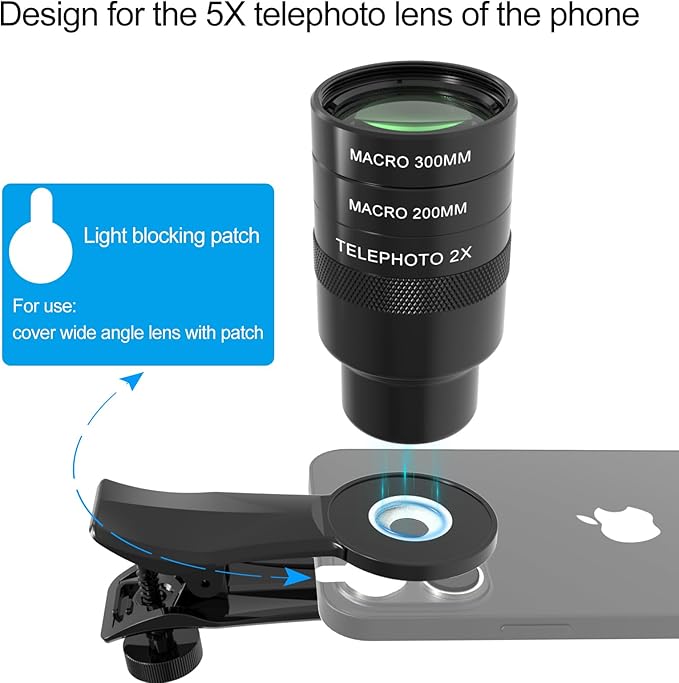 2X Telephoto Lens for Phone 5X Telephoto Camera, with 200mm & 300mm Macro Lens, 17mm Thread Universal Phone Lens Clip, Compatible with SmallRig and NEEWER Phone Cage (Add-ons 200mm&300mm)