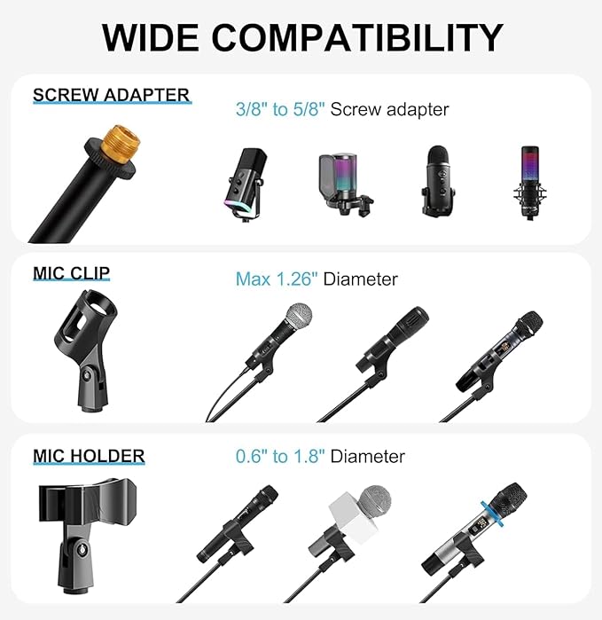 Microphone Stand, 2 Pack Tripod Boom Arm Floor Mic Stand Heavy Duty Height Adjustable with Carrying Bag 2 Mic Clips 3/8" to 5/8" Adapter for Singing Podcast and Stage